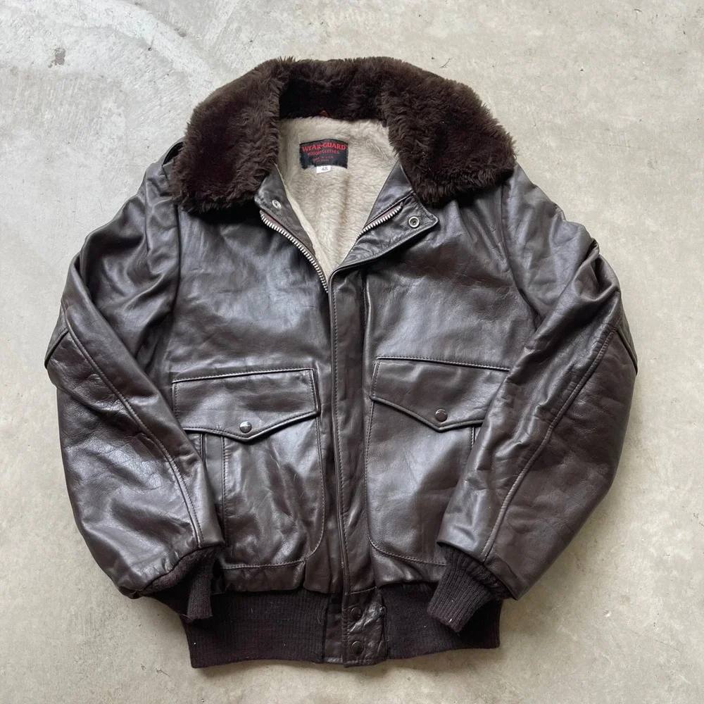 Wear-Guard Vintage Brown Leather Flight Jacket Bomber Faux Fur Collar 42L USA